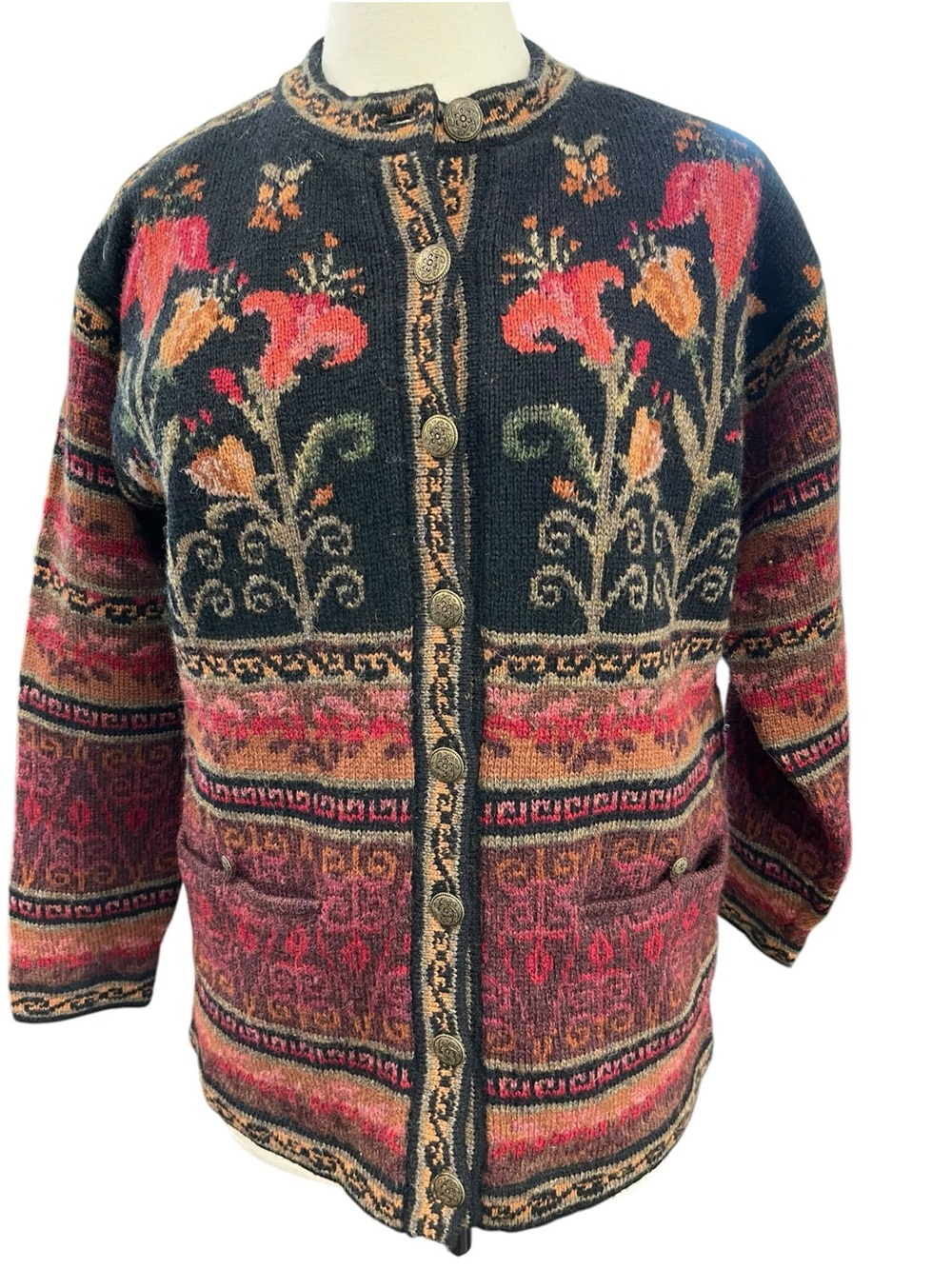 Icelandic Design Lined Wool Sweater Jacket SZ S Black Pink Brown Floral